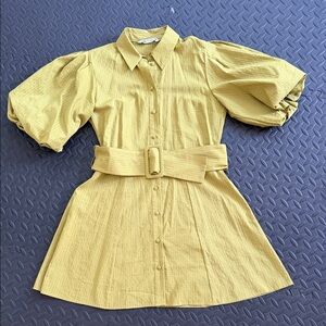 Zara Puff-Sleeve Belted Mini Dress in Mustard Yellow